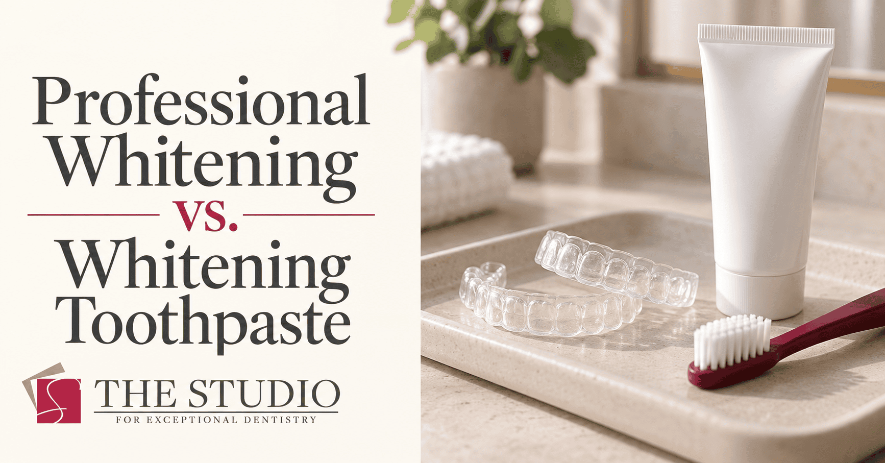 Clear whitening trays beside toothpaste and a burgundy toothbrush.